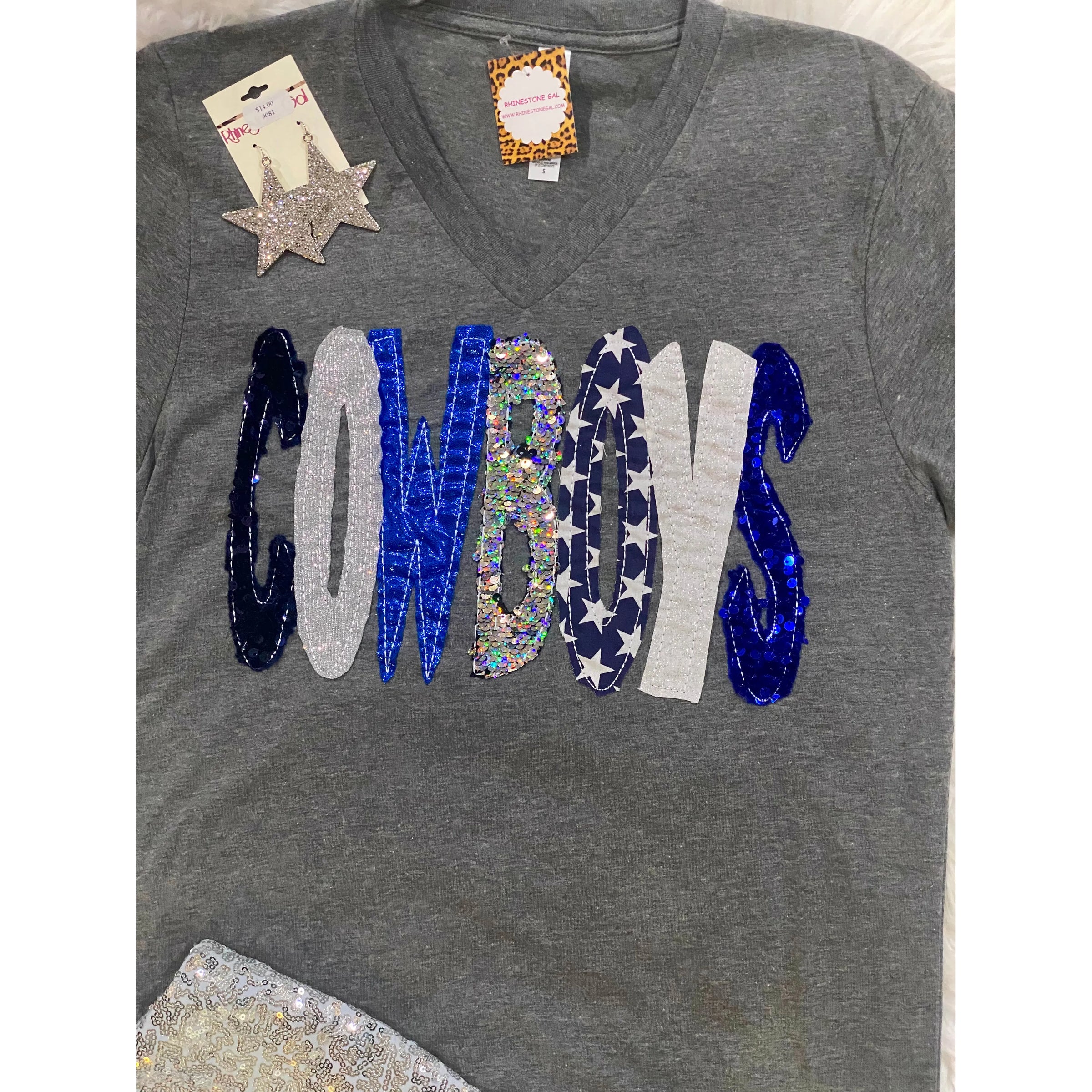 Dallas Cowboys Gray V Neck Tee - Rhinestone Gal