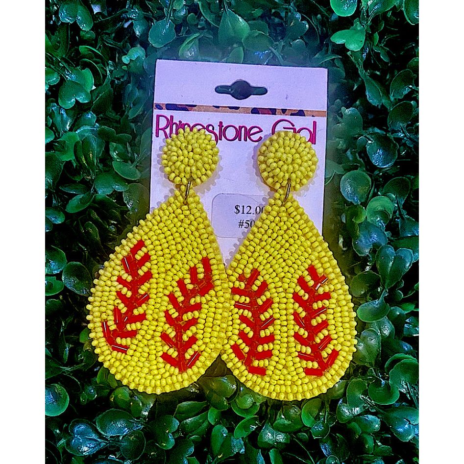 Yellow Softball Seed Bead Teardrop Earrings