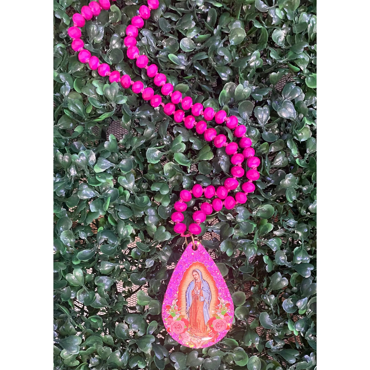 Long Beaded Necklace with Our Lady of Guadalupe Pendant