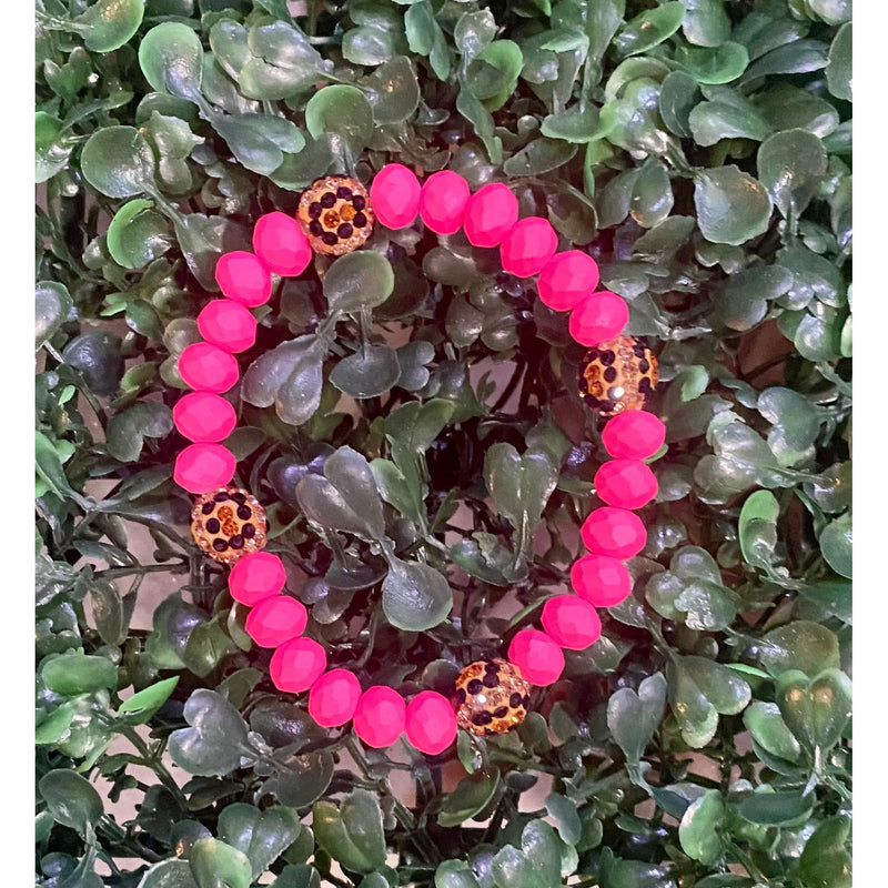 Hot Pink Leopard Crystal Bead Bracelet