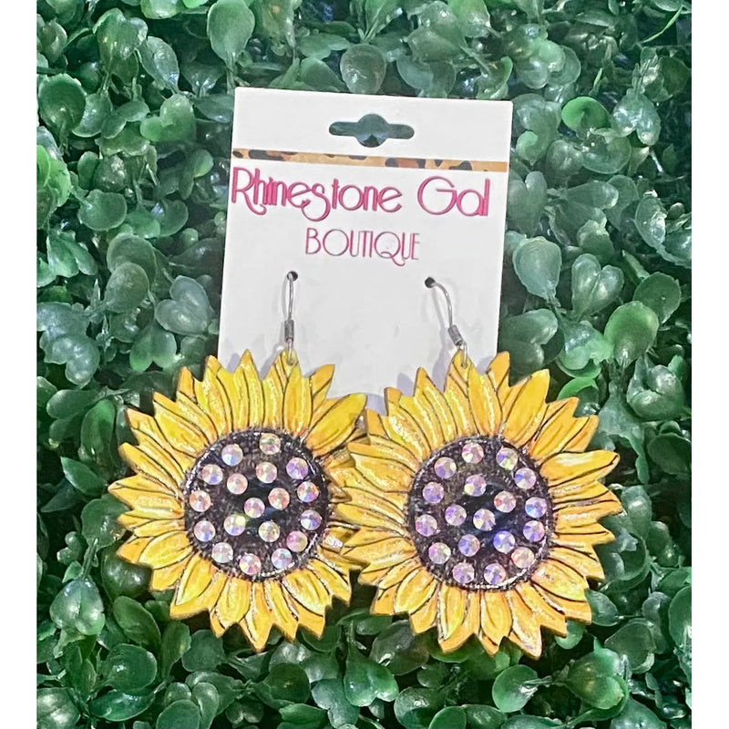 Rhinestone Sunflower Leather Earrings – Bold & Beautiful