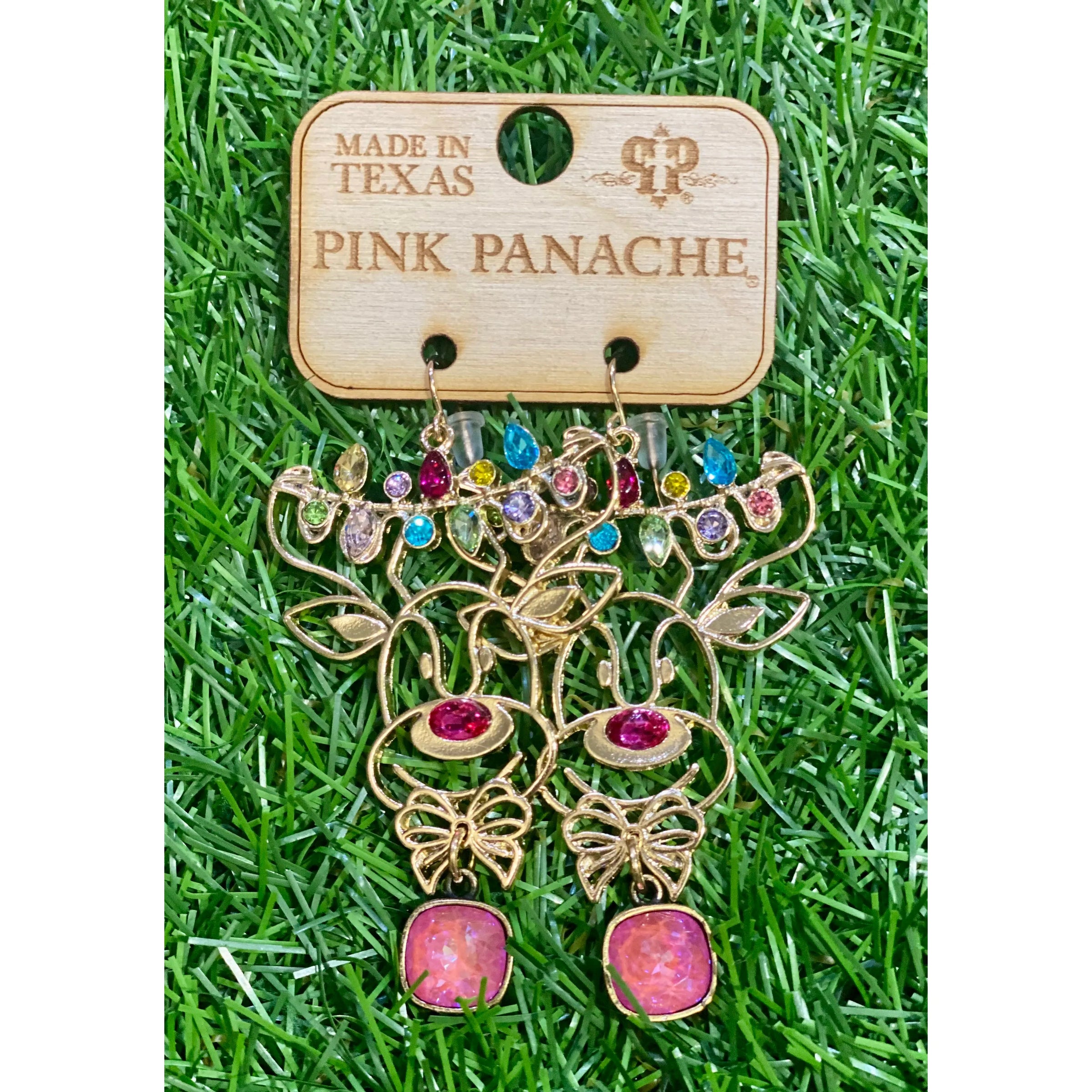 Pink Panache Reindeer Earrings with Pink Austrian Crystal – Holiday Rhinestone Earrings