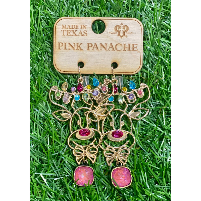 Pink Panache Reindeer Earrings with Pink Austrian Crystal – Holiday Rhinestone Earrings