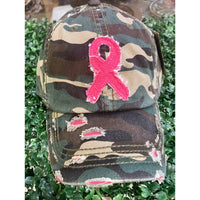 Distressed Vintage Cap with Pink Breast Cancer Ribbon