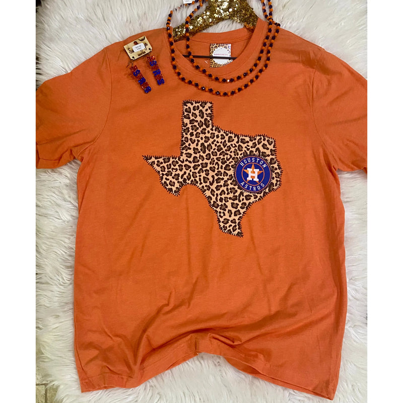 Astros Orange Tee with Texas Leopard Graphic