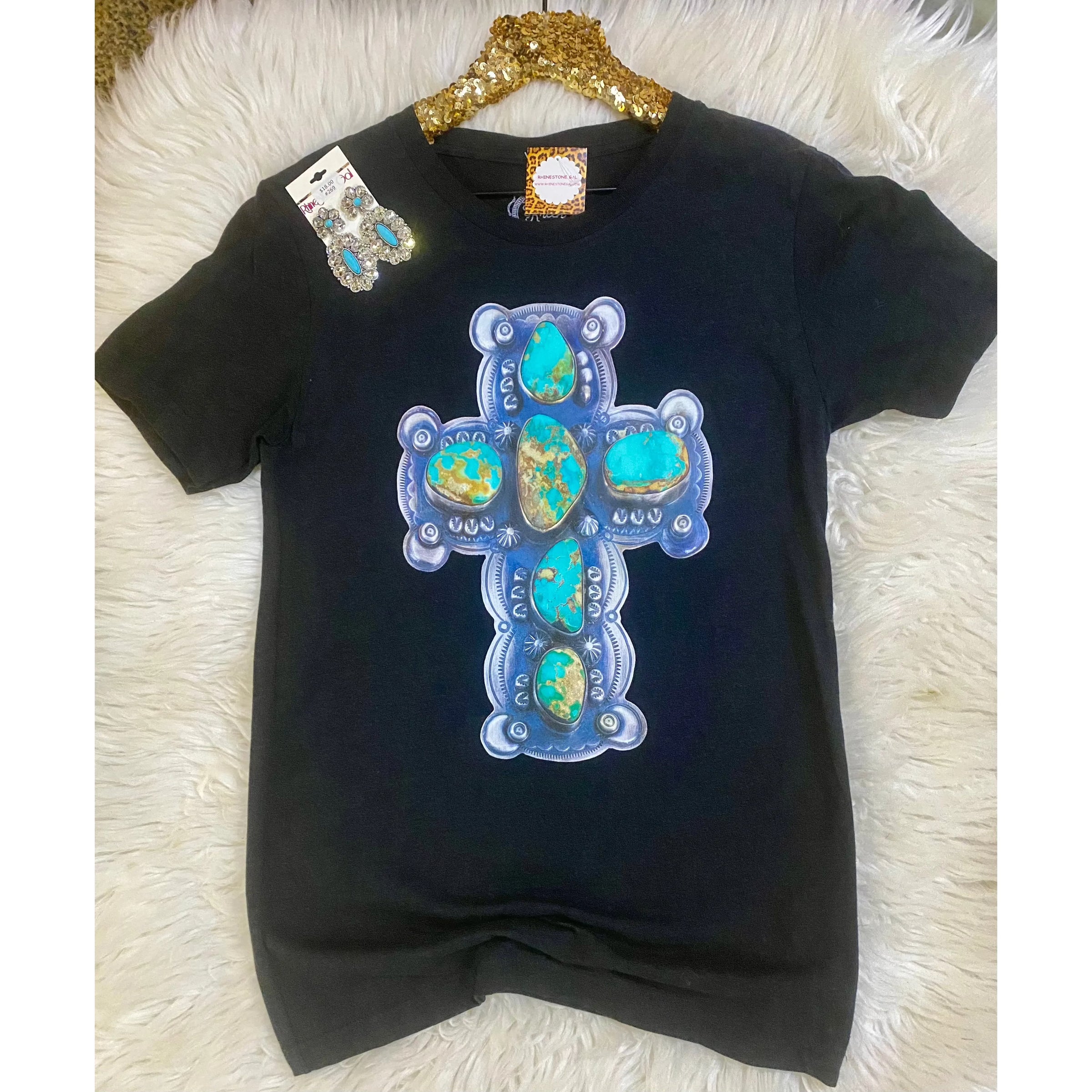 Black Tee with Large Turquoise Cross