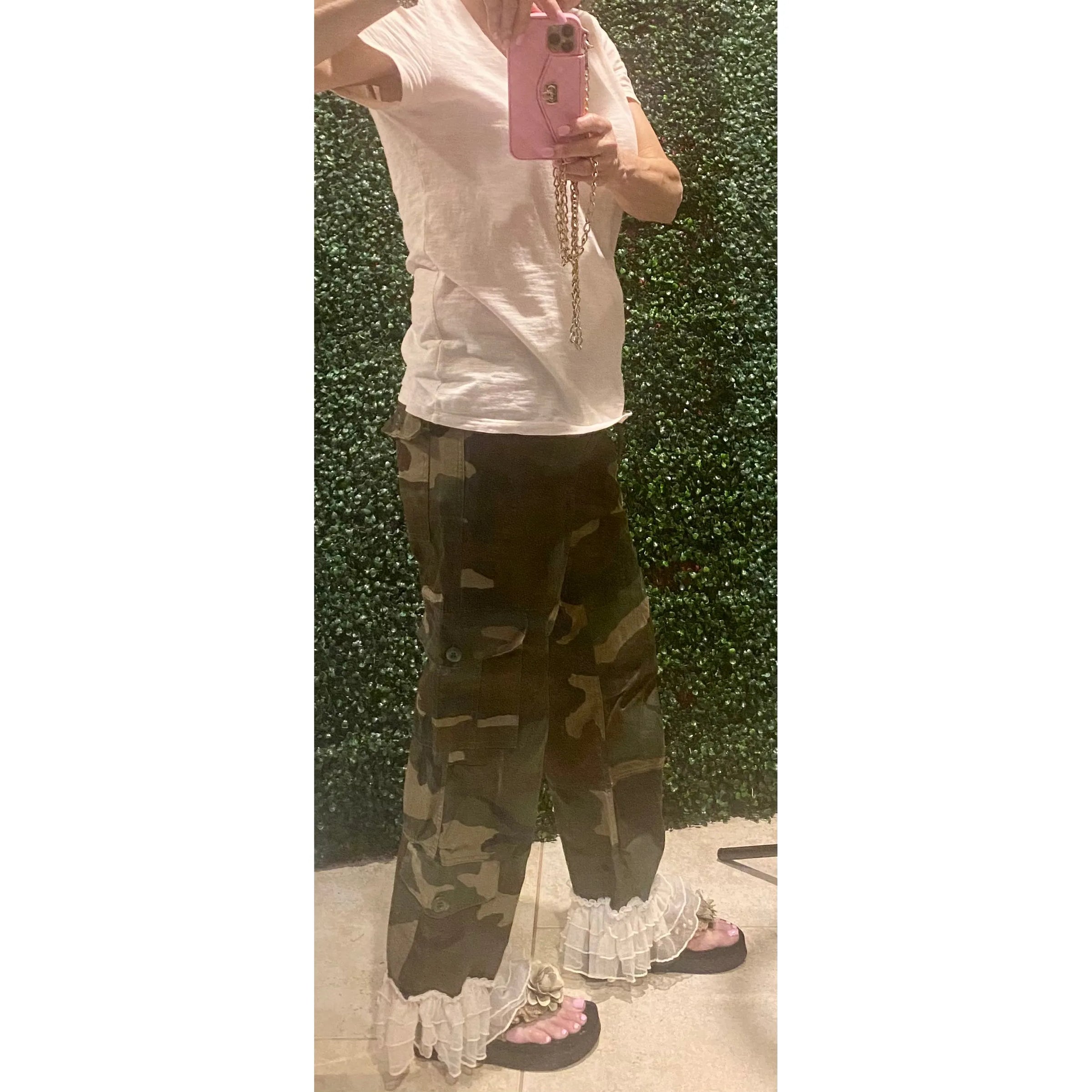 Camo Cargo Pants with Ruffle Hem
