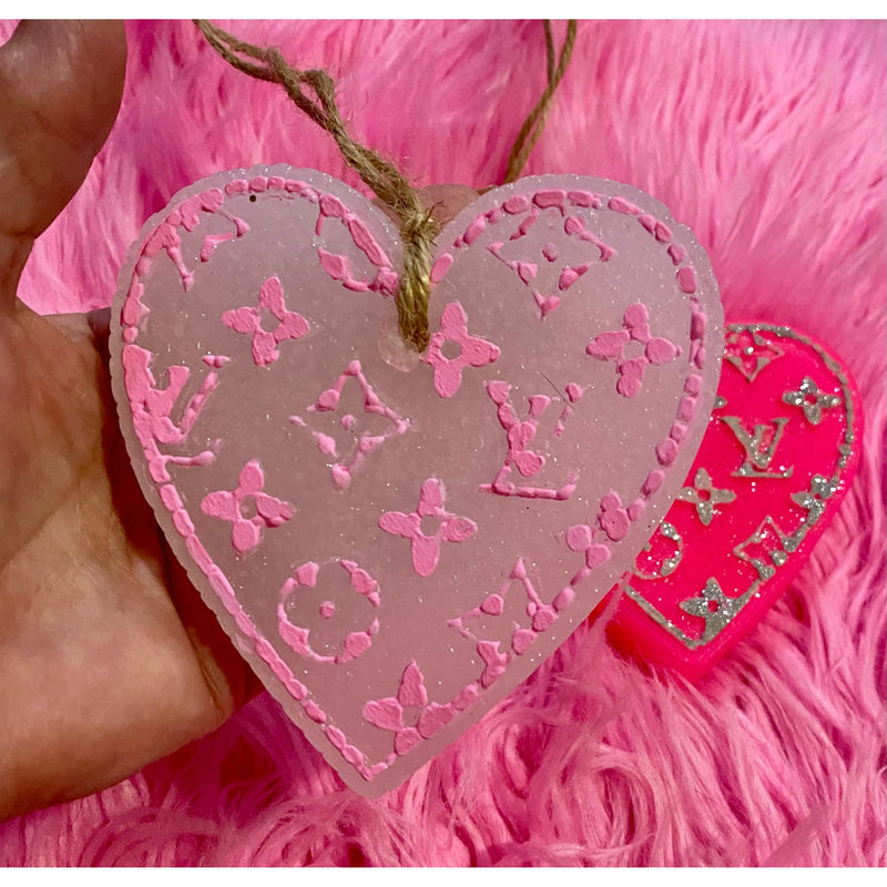 Heart Monogram Freshie – Pink or Hot Pink Car Freshener with Designer-Inspired Pattern (Approx. 4")