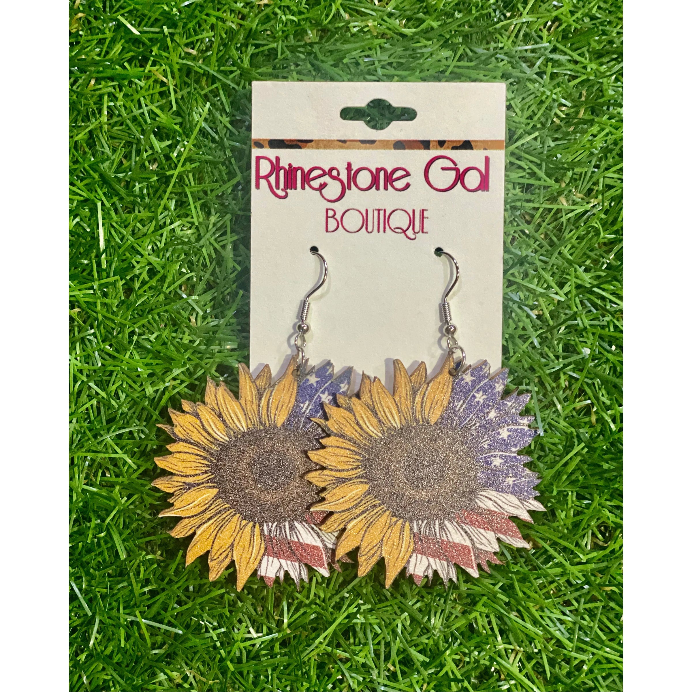 Patriotic Sunflower Stars & Stripes Wood Earrings