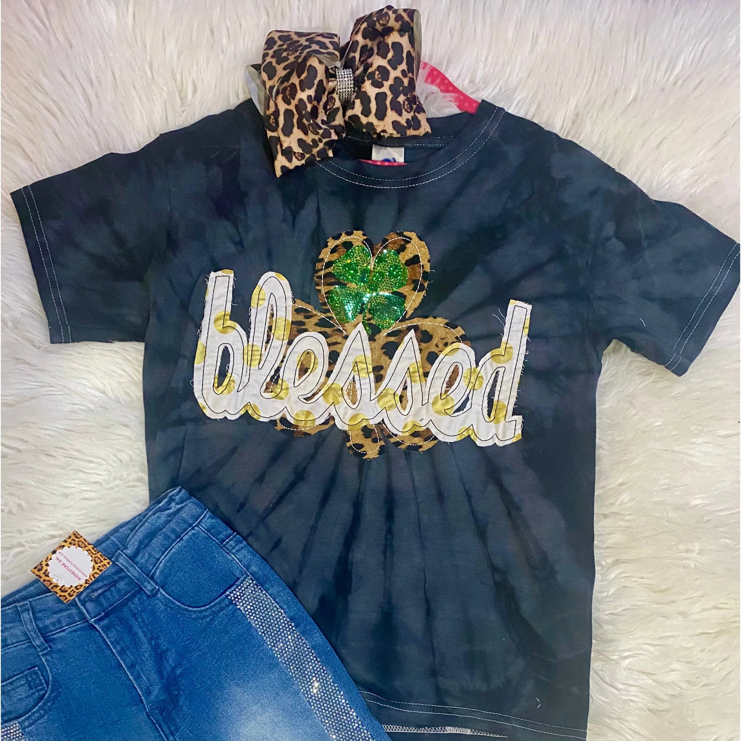 Girls' Black Tie-Dye "Blessed" Shamrock Tee