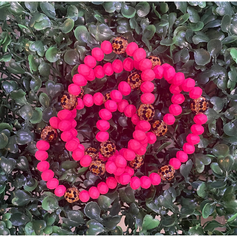 Hot Pink Leopard Crystal Bead Bracelet