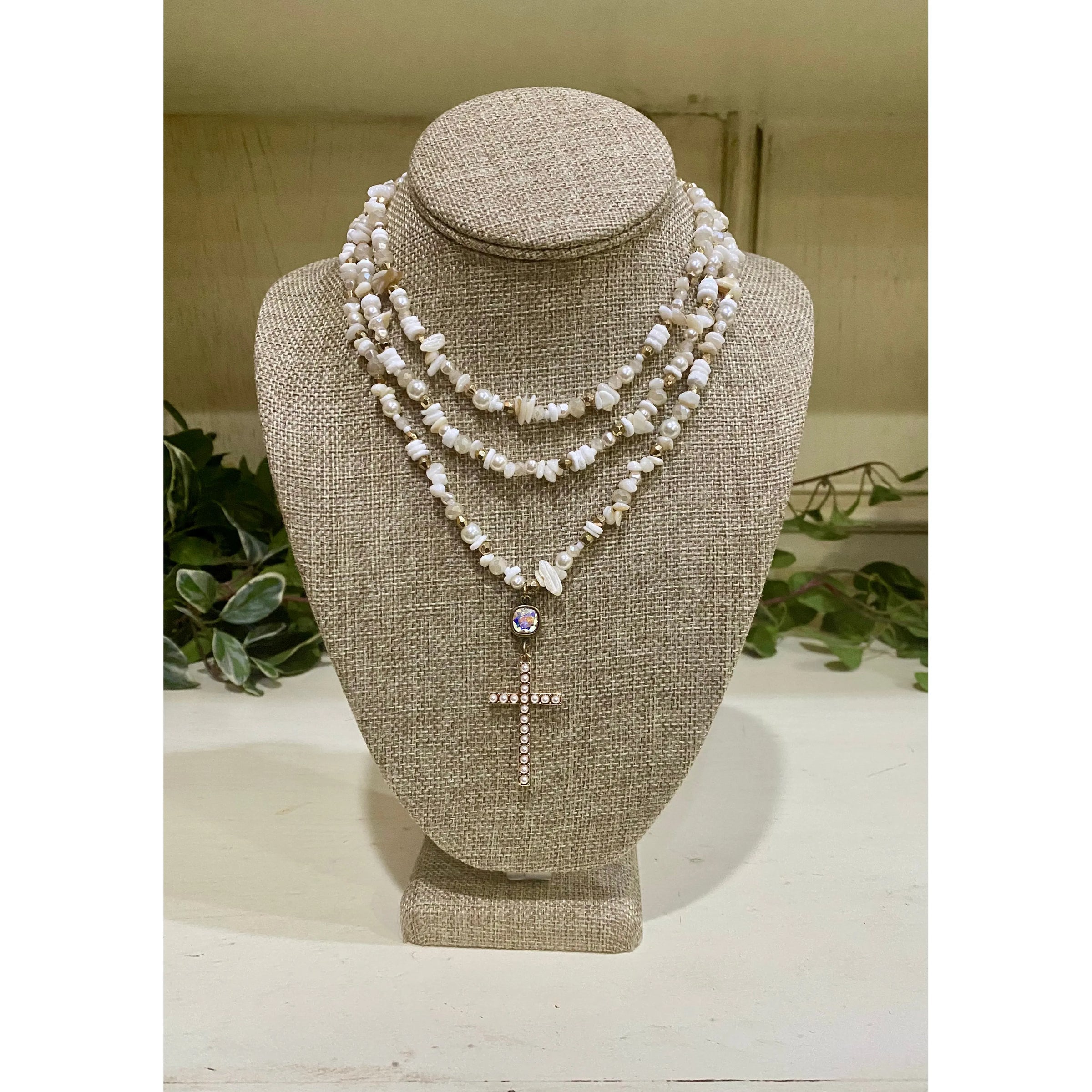 Pink Panache White Pearl Trinity Necklace with Crystal Cross