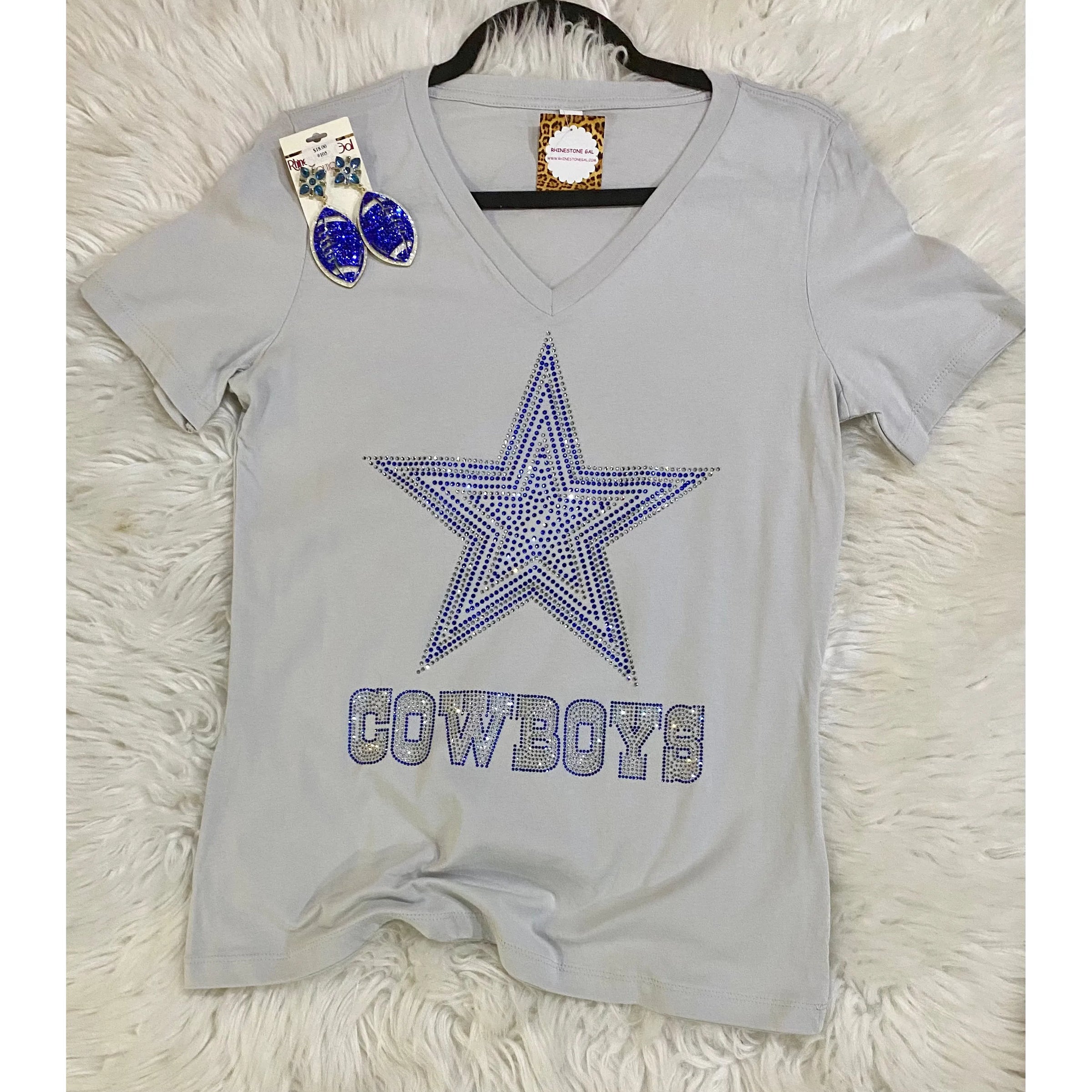 Dallas Cowboys Rhinestone Light Gray V Neck Tee