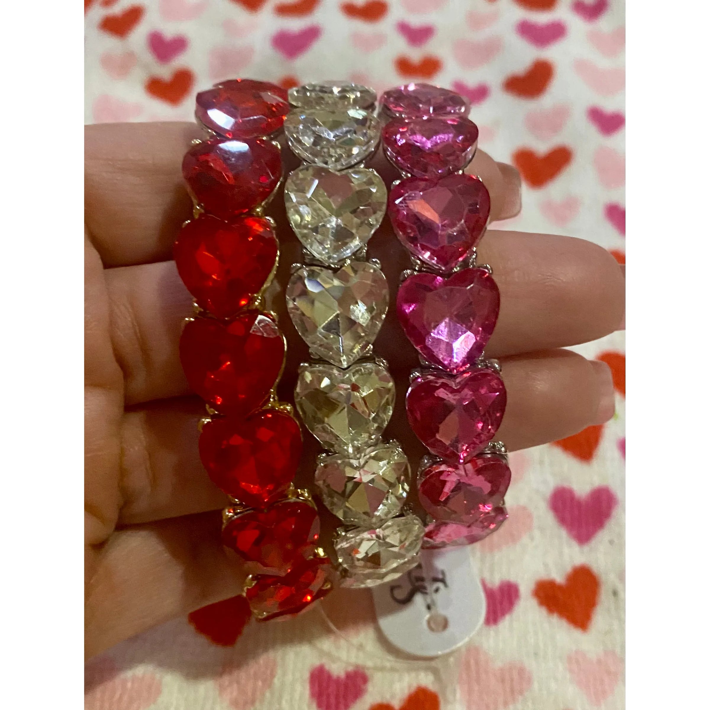 Heart Cut Crystal Stretch Bracelet – Red, Pink or Clear Rhinestone Hearts