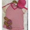 Pink Seam Color Block Knit V Neck Tee