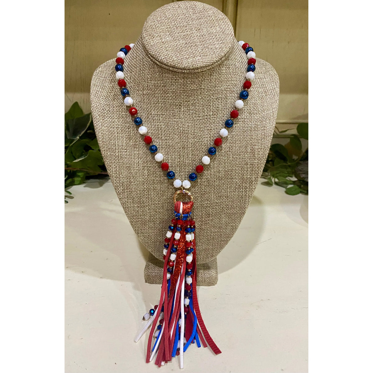 Red, White & Bling Beaded Tassel Necklace