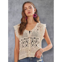 Beige Crochet Ruffle Sleeve Button-Down Vest Top