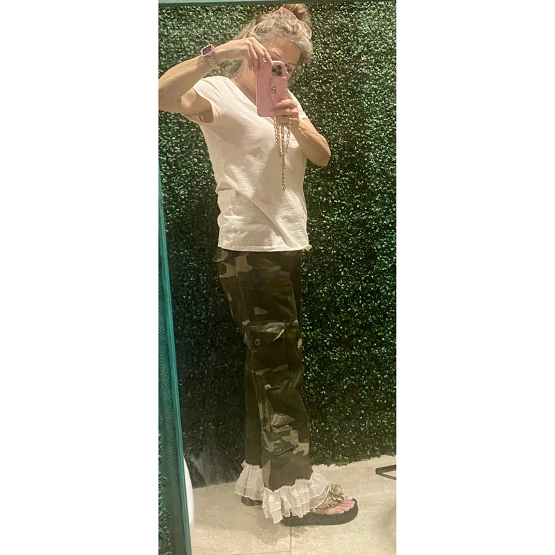 Camo Cargo Pants with Ruffle Hem