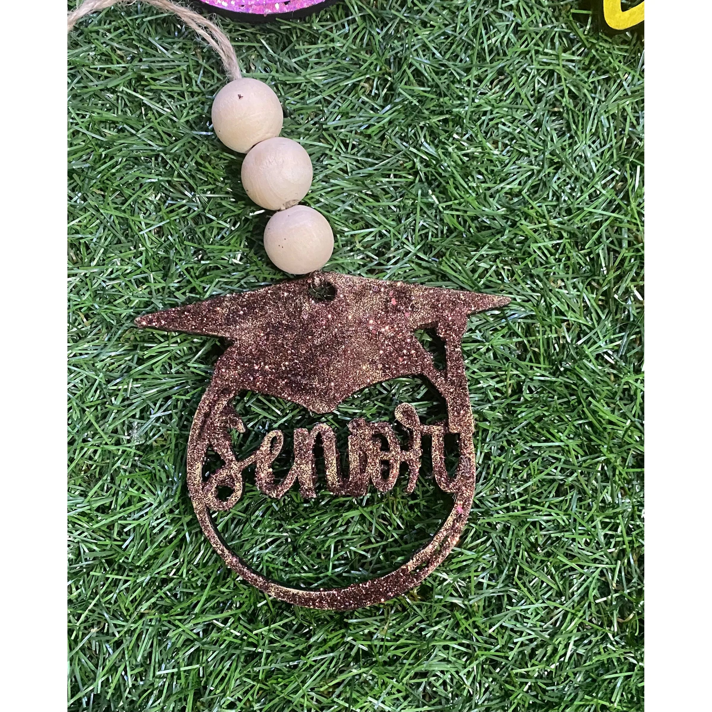 Handcrafted Wooden Car Charm with Bow & Beads