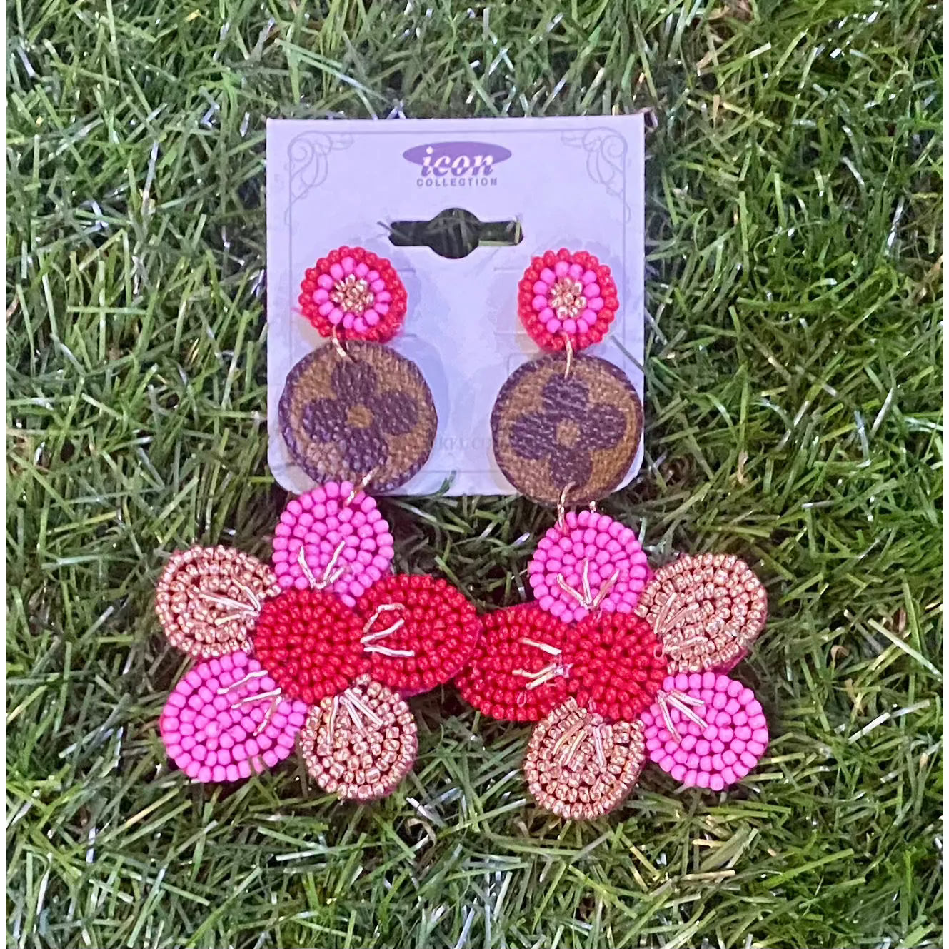 Upcycled Pink Flower Seed Bead Earrings