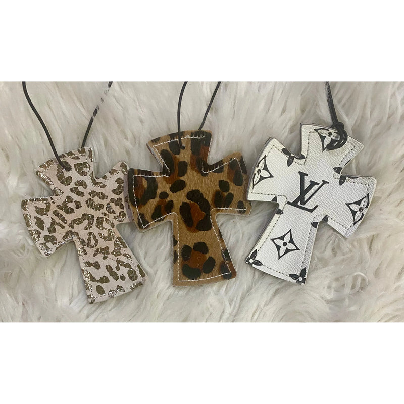 Leather & Cowhide Cross Charm – White, Leopard, or Speckled Gold