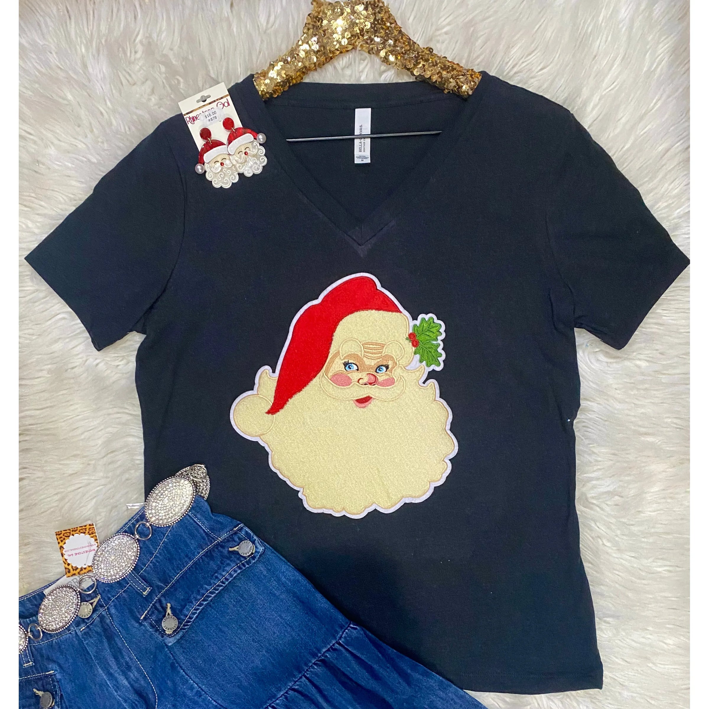 Santa Chenille Patch Black V-Neck Tee