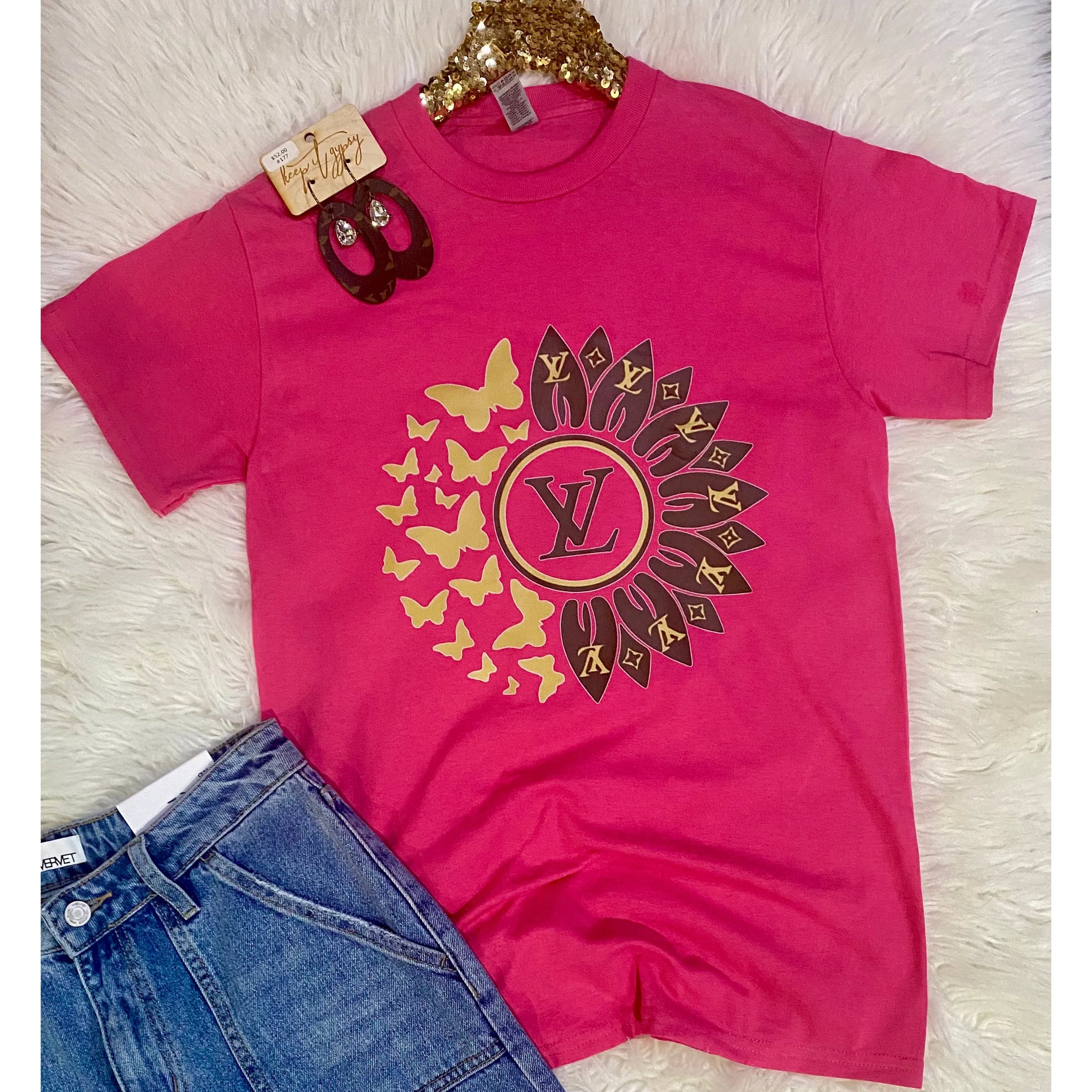 Luxe Sunflower & Butterfly Tee – Hot Pink