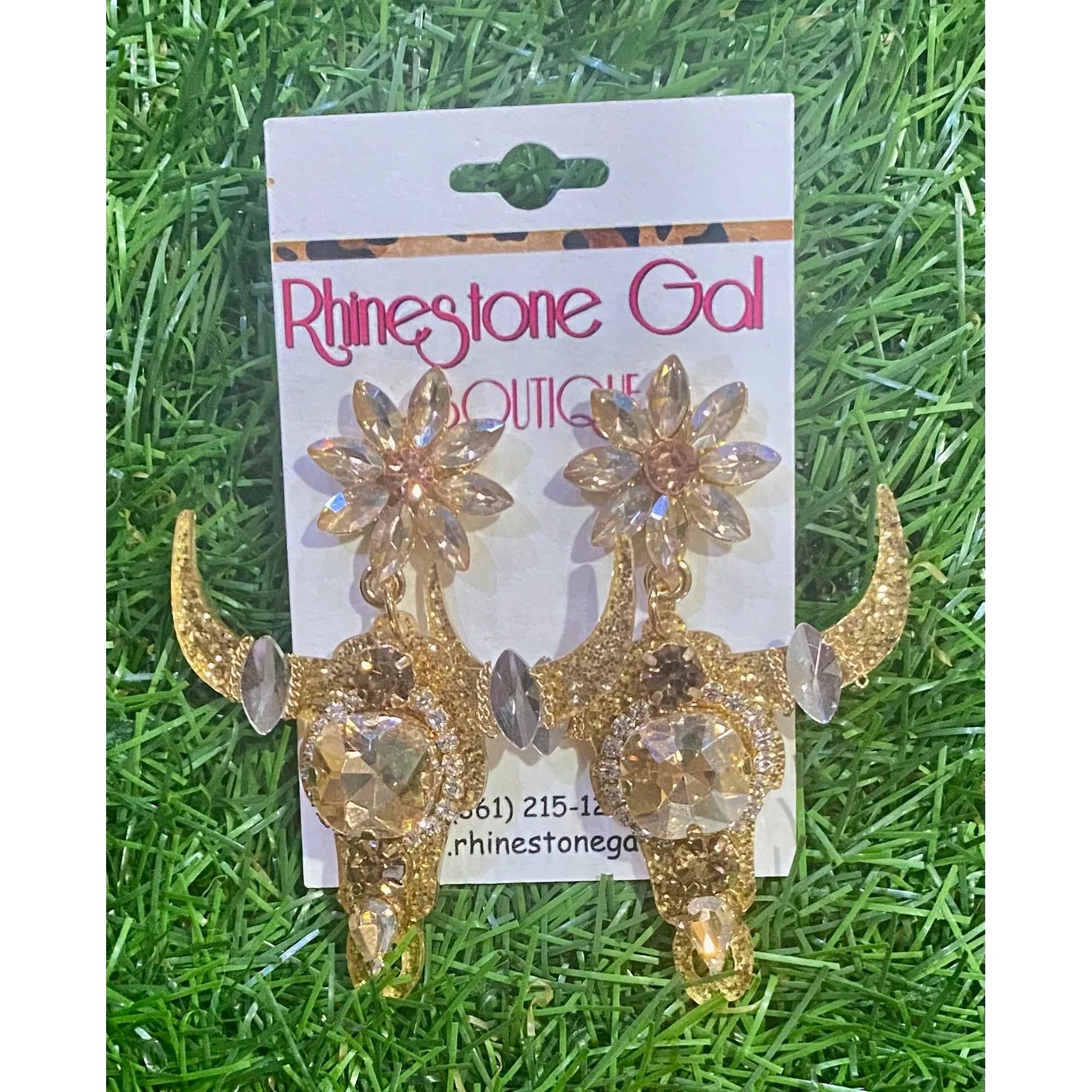 Western Gold Crystal Bull Head Statement Earrings