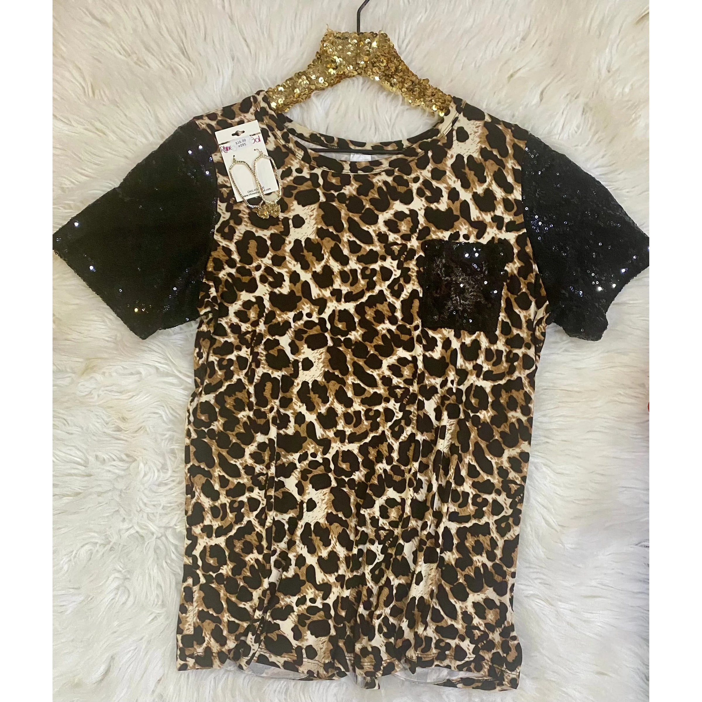 Leopard and Sequin Top with Pocket