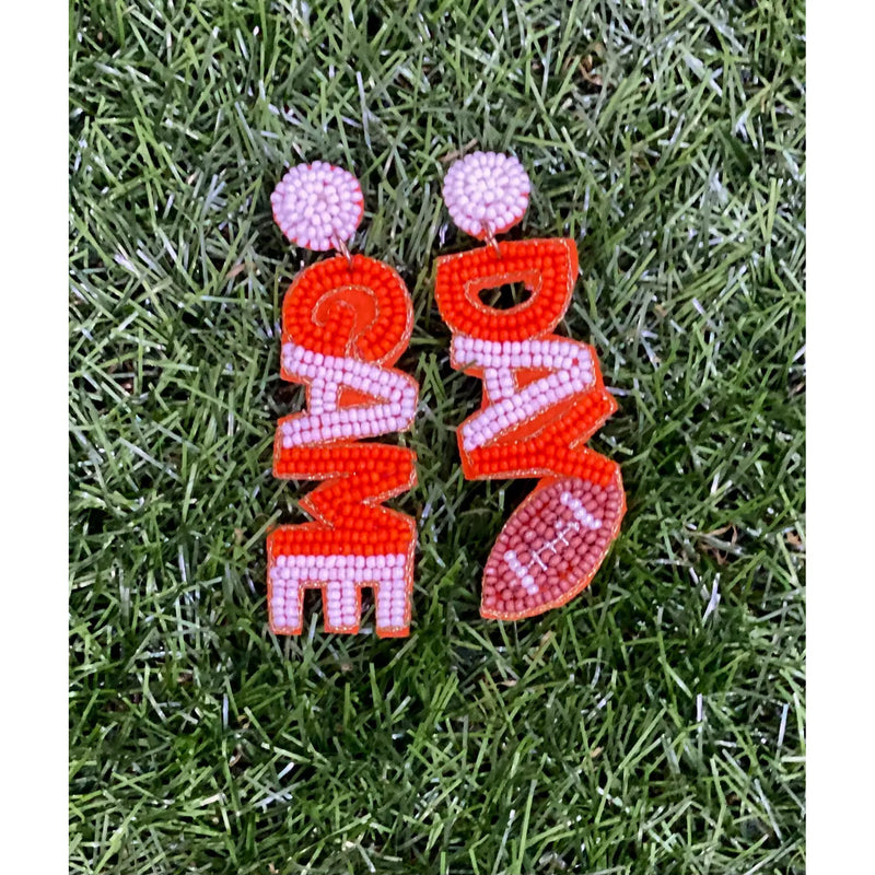 Orange and White Game Day Seed Bead Football Earrings - Rhinestone Gal