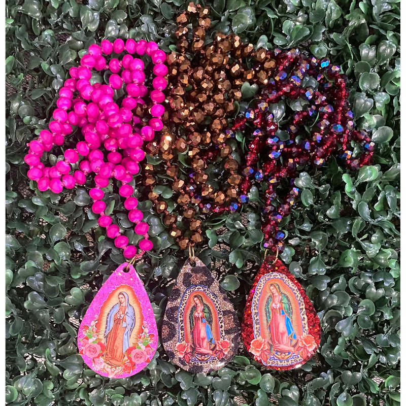 Long Beaded Necklace with Our Lady of Guadalupe Pendant