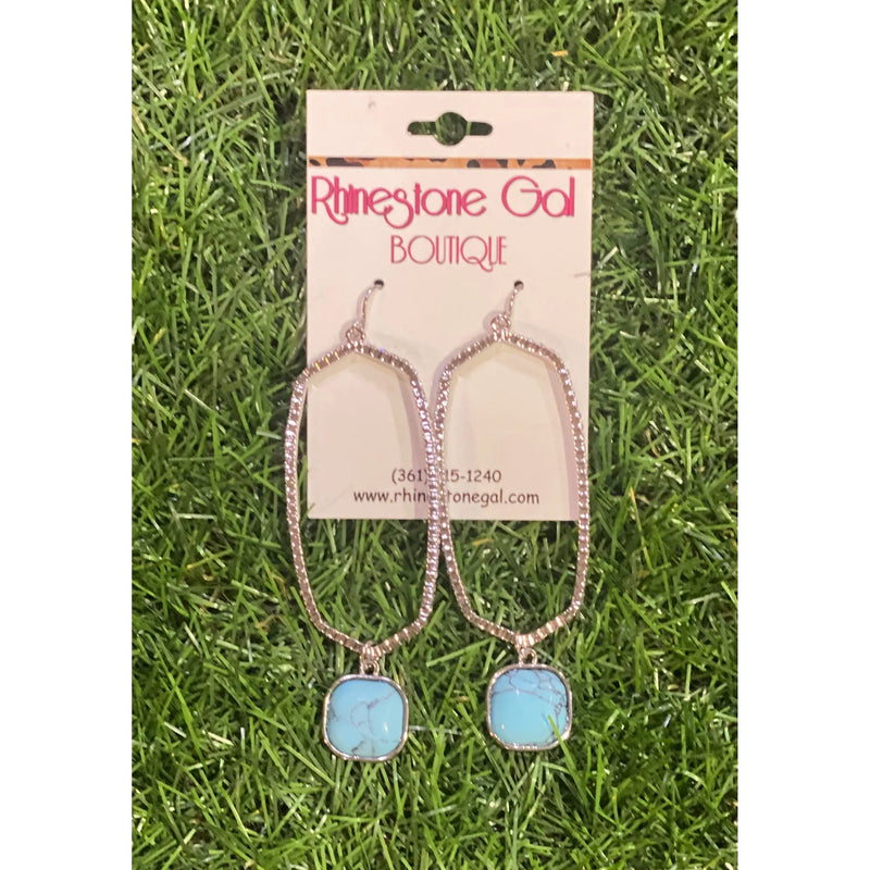 Silver Hex Drop Earrings with Turquoise Charm