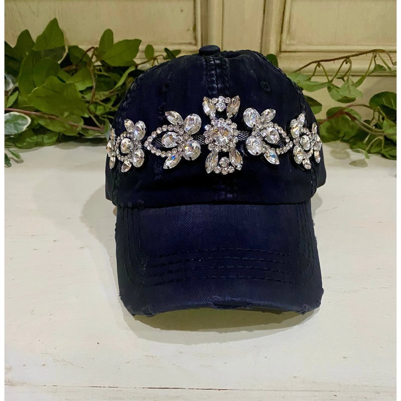 Black Distressed Bejeweled Baseball Cap