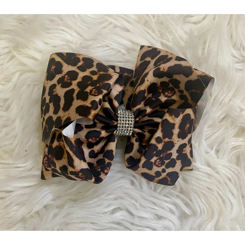 Leopard Print Hair Bow with Rhinestone Center - Rhinestone Gal