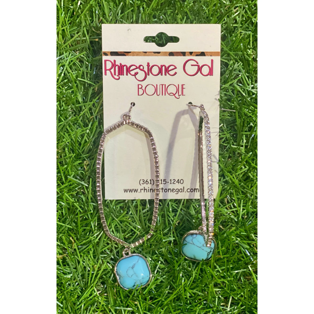 Silver Hex Drop Earrings with Turquoise Charm
