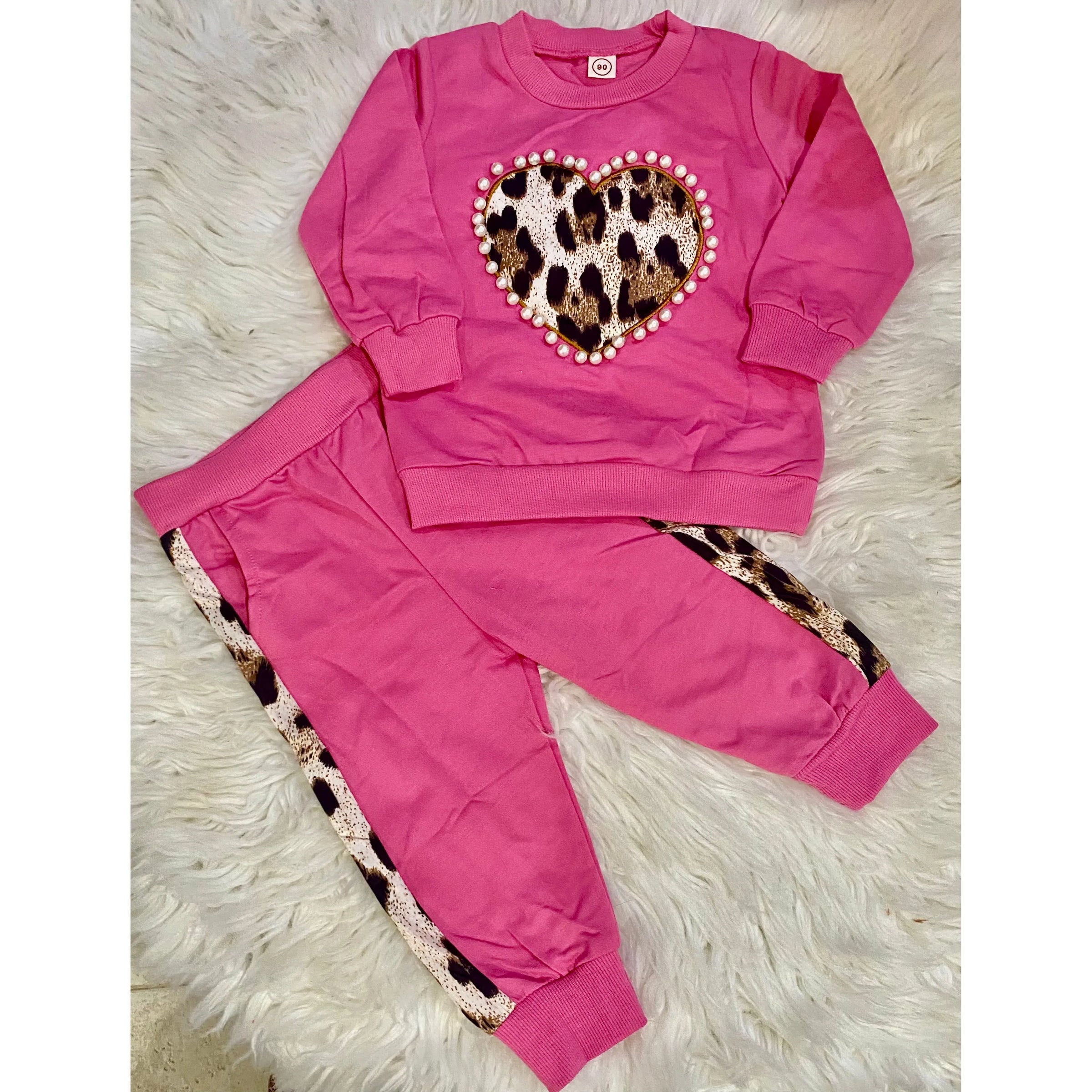 Girl's Hot Pink Leopard  Heart Jogging Set