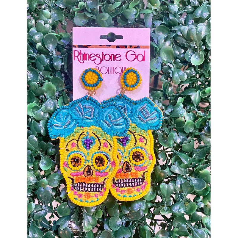 Yellow Seed Beaded Sugar Skull Earrings