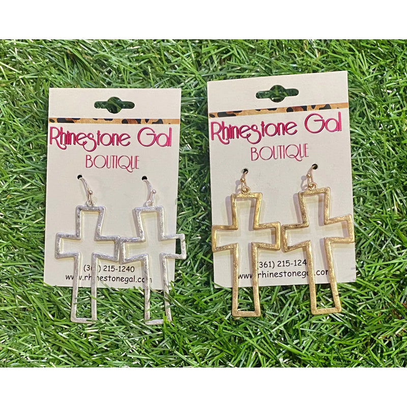 Hammered Matte Hollow Cross Dangle Earrings