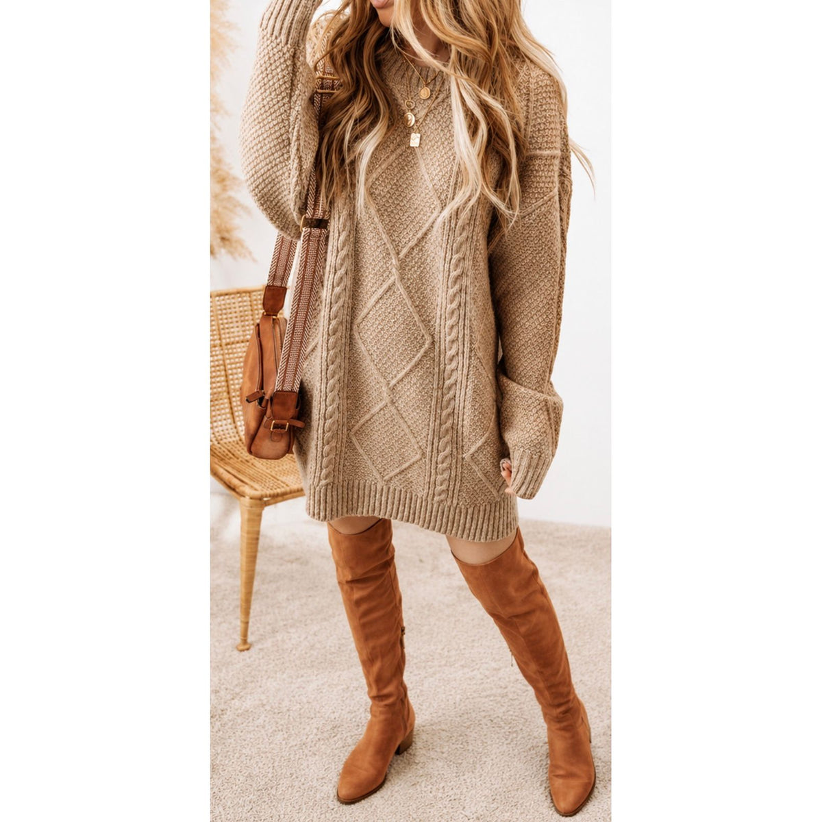 Camel Oversized Cable Knit Sweater Dress | Cozy Knit Winter Dress