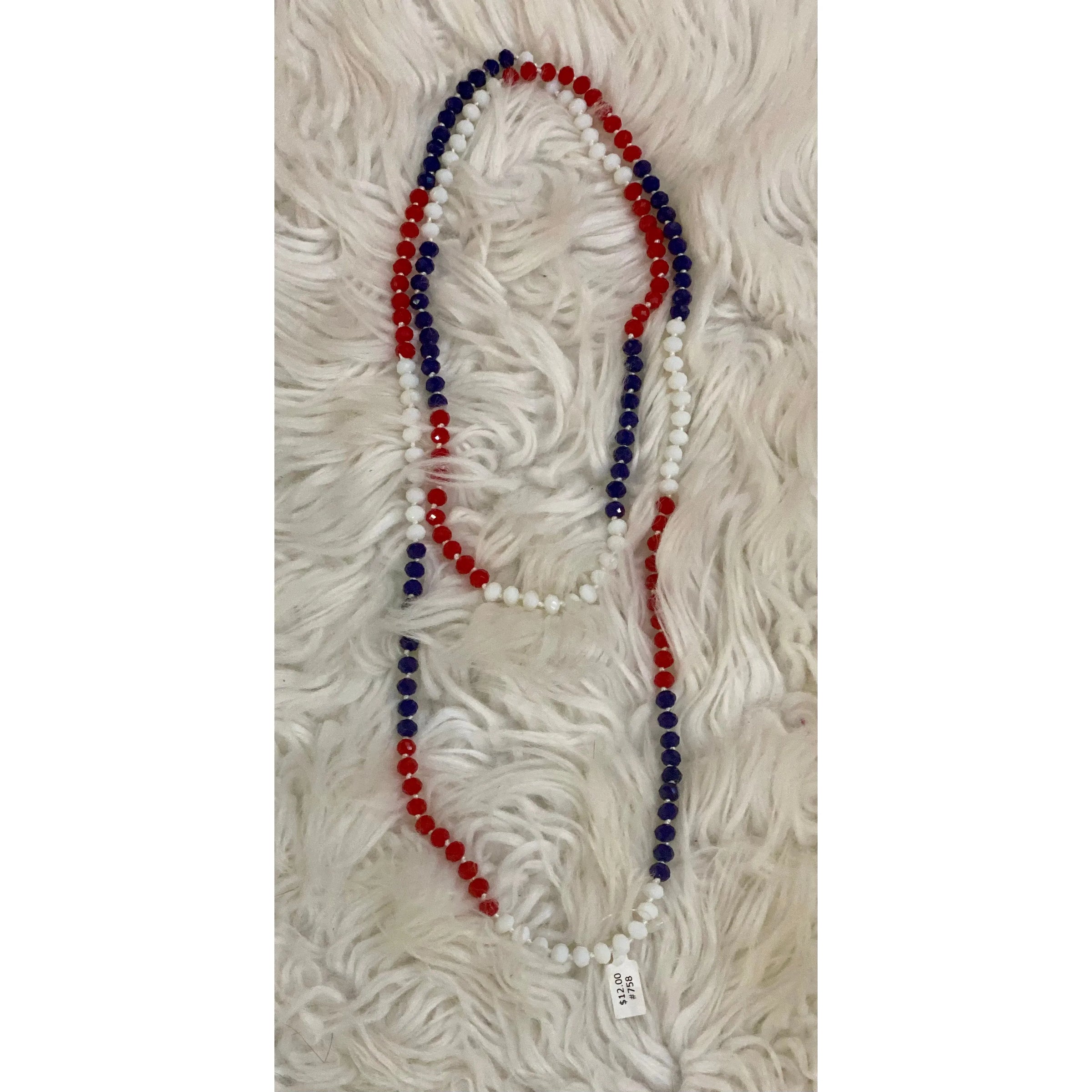 Red White and Blue Patriotic Long Beaded Necklace