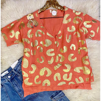 Coral Knit V-Neck Top with Gold Leopard Print