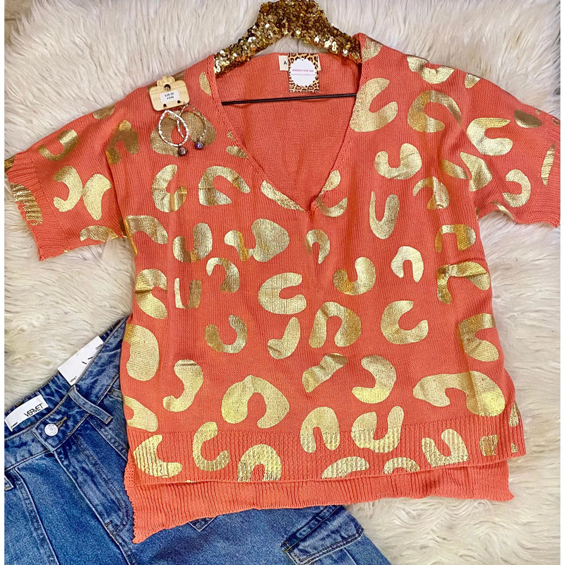 Coral & Metallic Leopard Print Knit Top