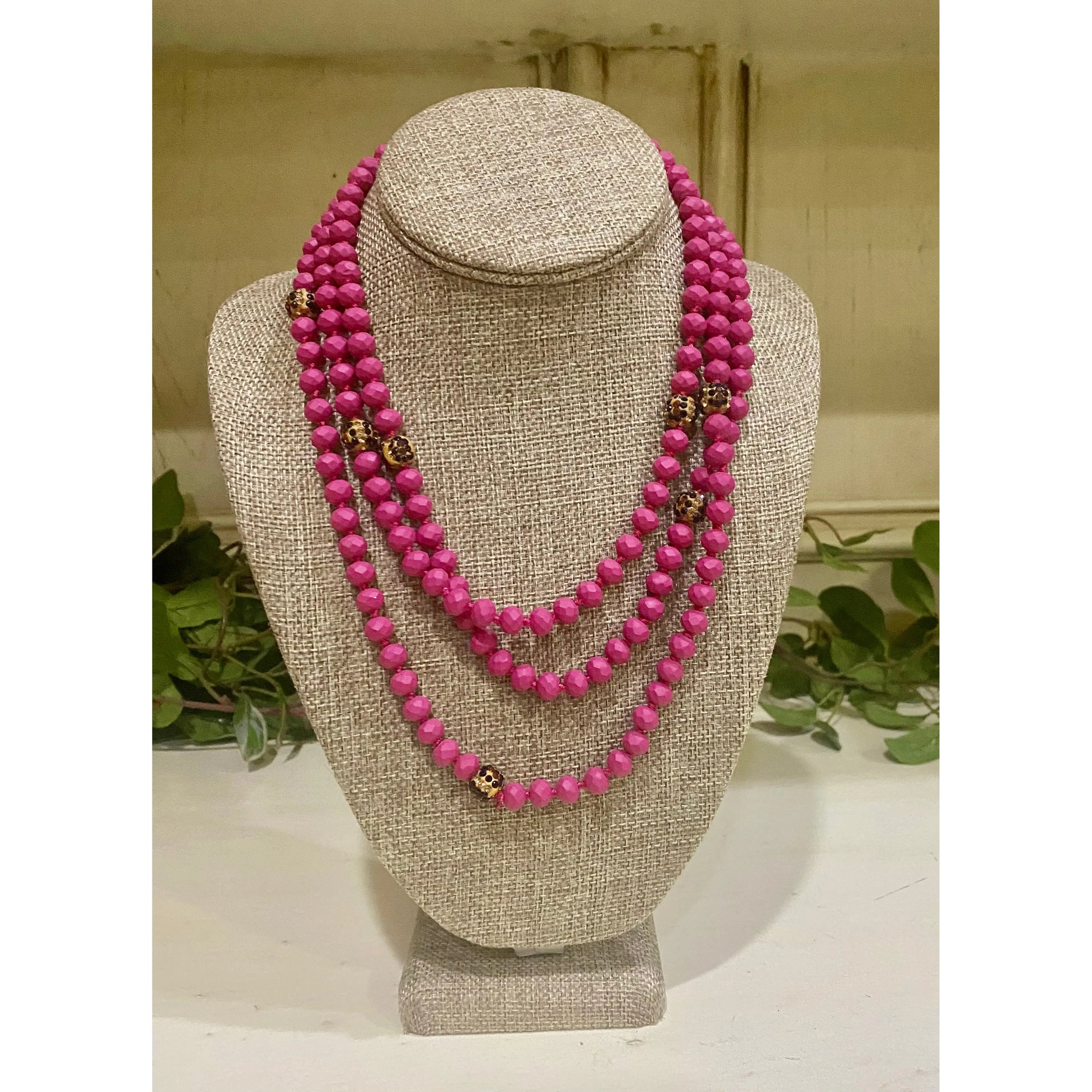 Long Matte Pink Beaded Necklace with Leopard Accent