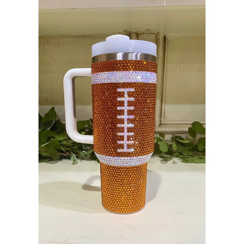 Orange Rhinestone Football 40 oz Tumbler