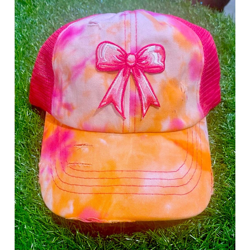 Pink & Orange Tie-Dye Bow Trucker Cap