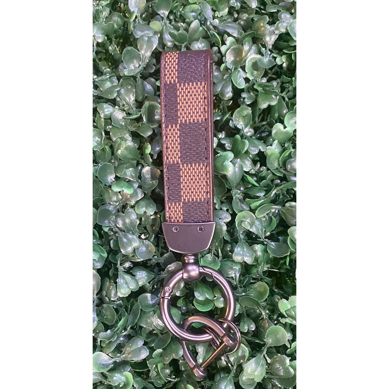 Brown Checkered Faux Leather Keychain