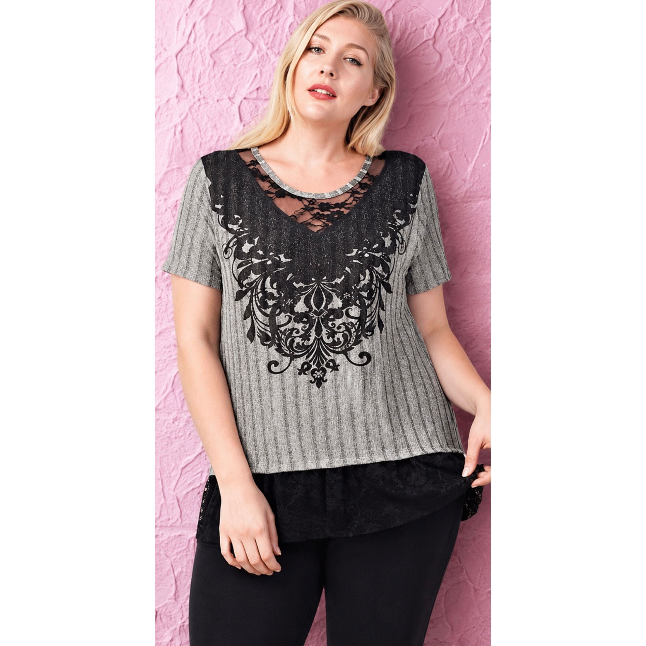 Gray Ribbed Lace & Rhinestone Plus Size Top
