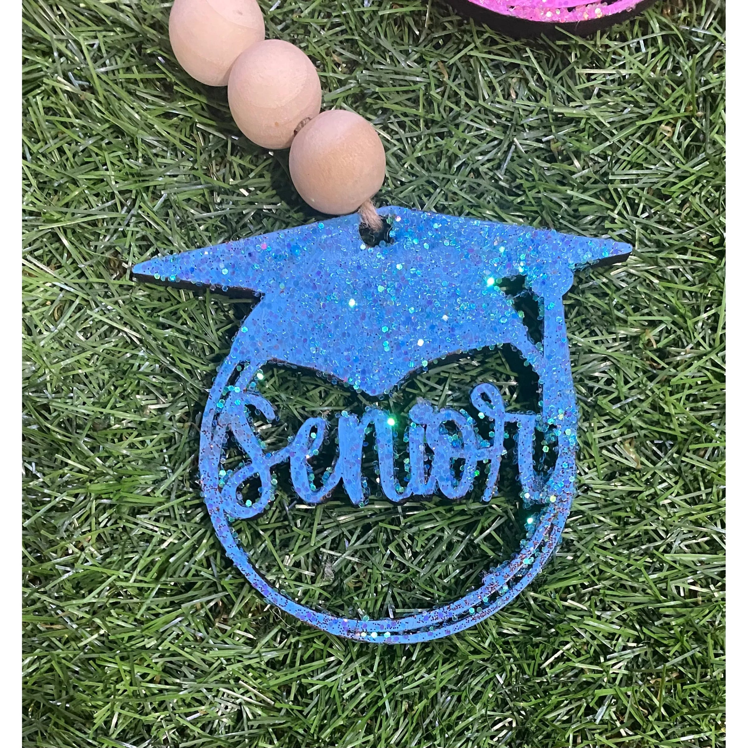 Handcrafted Wooden Car Charm with Bow & Beads