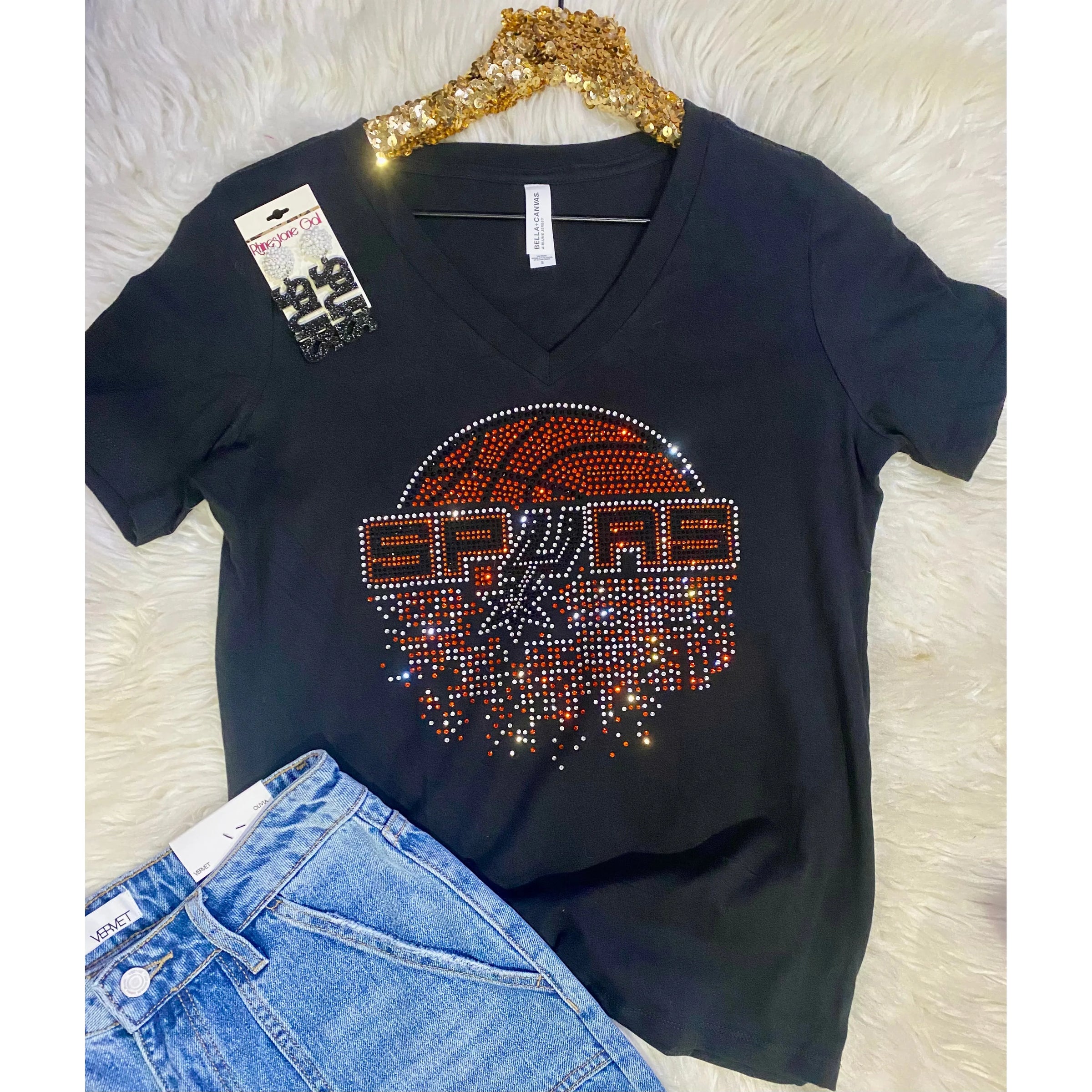 Rhinestone Spurs Basketball V Neck Tee