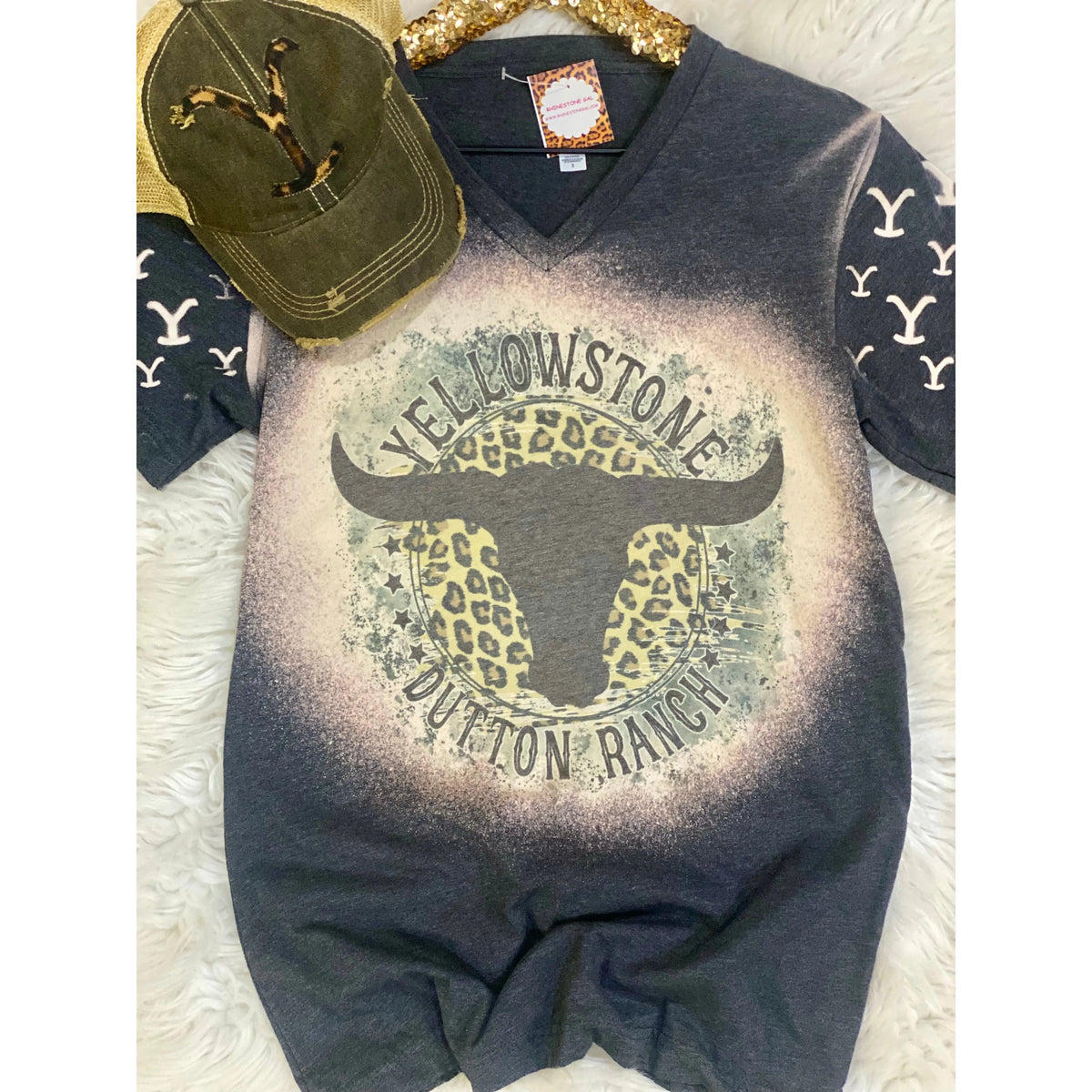 Yellowstone V Neck Bleached Tee with Matching Sleeves